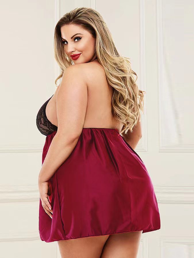Plus Size Halter Neck Babydoll with Lace Bust and Flowy Skirt