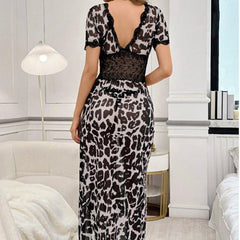 Leopard Print Maxi Chemise with Lace and High Slit