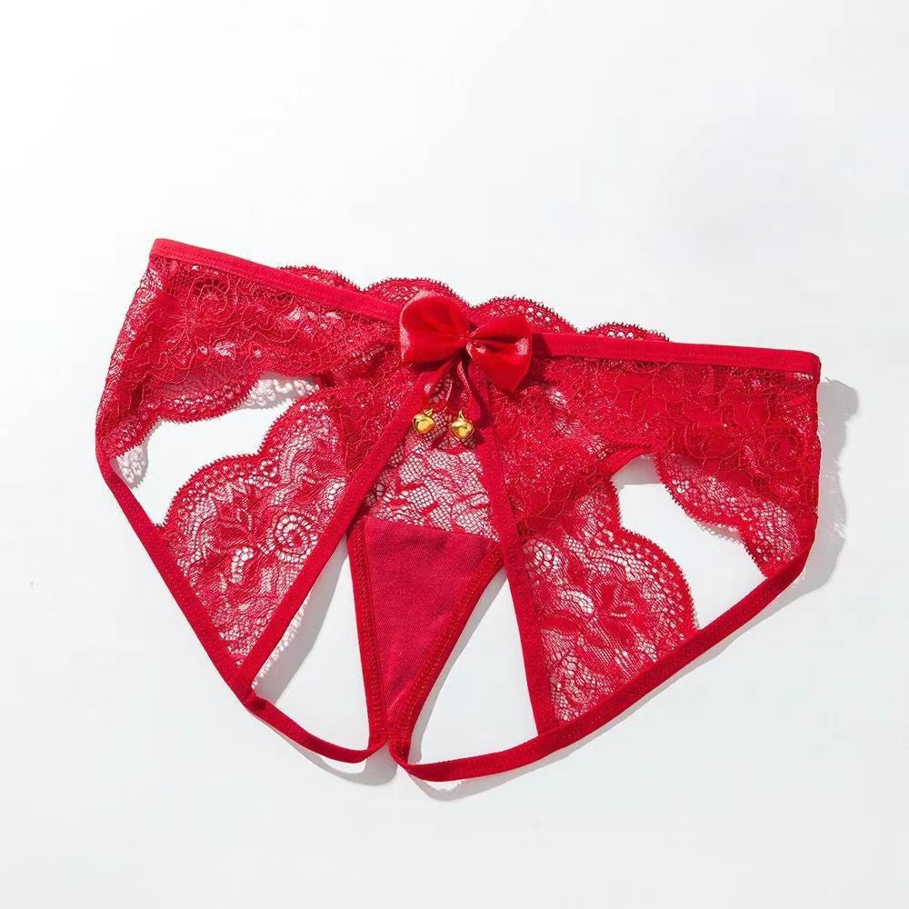 Playful Open Crotch Lace Panties with Ribbon Bow Detail
