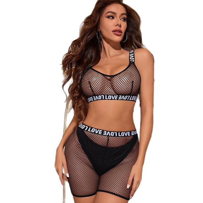 Trendy Fishnet Crop Top and Shorts Set with "Love" Band Detail
