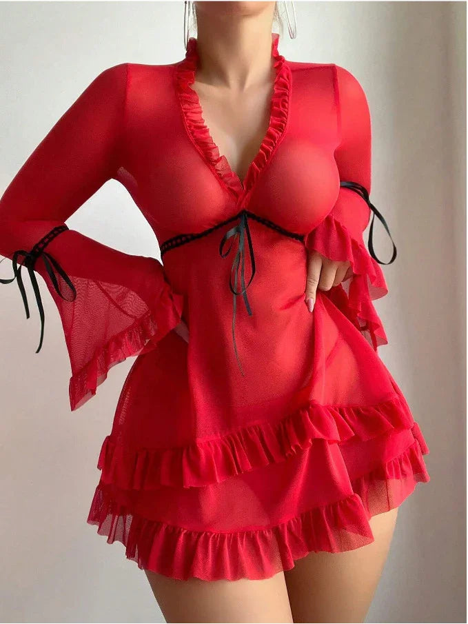 Ruffle Mesh Babydoll with Bell Sleeves and Satin Tie