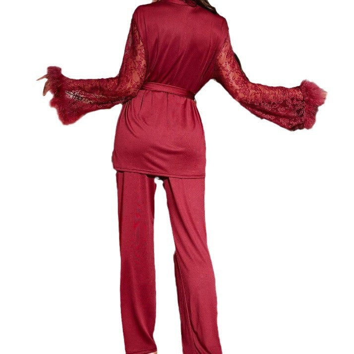 Glamorous Lace and Feather Trim Robe and Pant Set