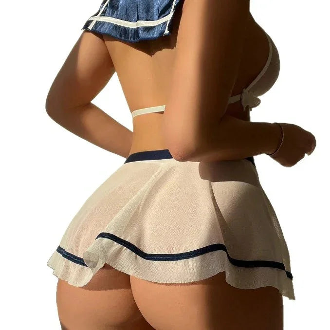 Sailor-Inspired Sheer Lingerie Set with Mesh Skirt and Tie
