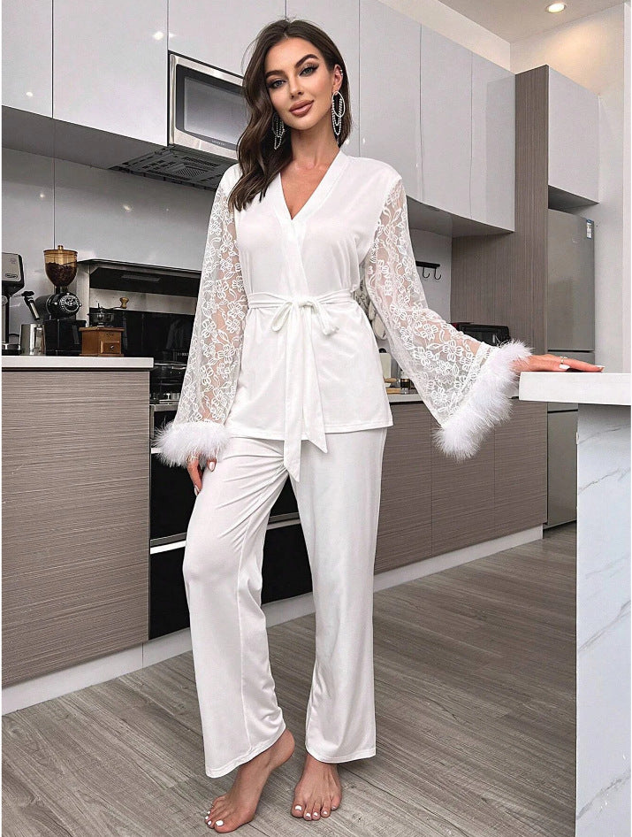 Glamorous Lace and Feather Trim Robe and Pant Set