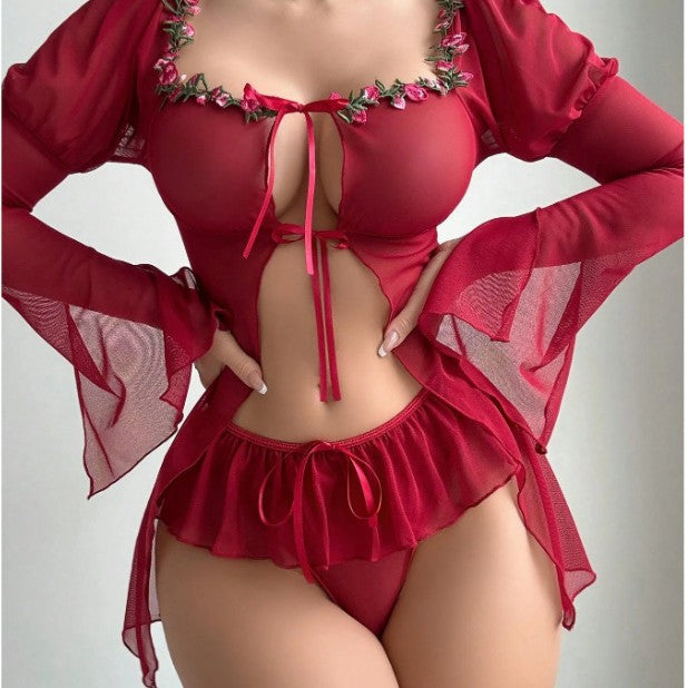Romantic Rose Sheer Lingerie Set with Embroidered Tie-Front Top & Skirt