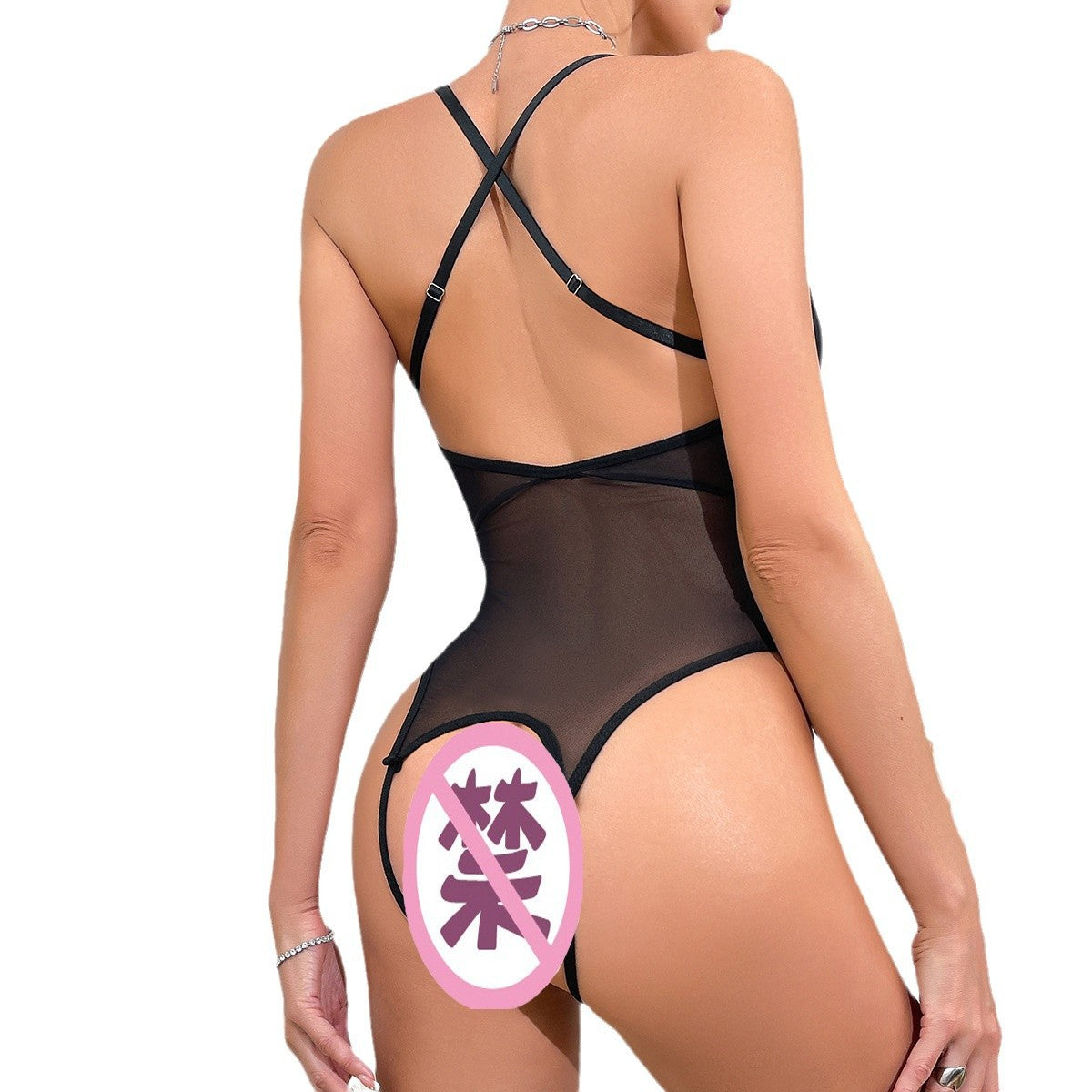 Mesh Bodysuit Lingerie with Rhinestone Straps and Sheer Design