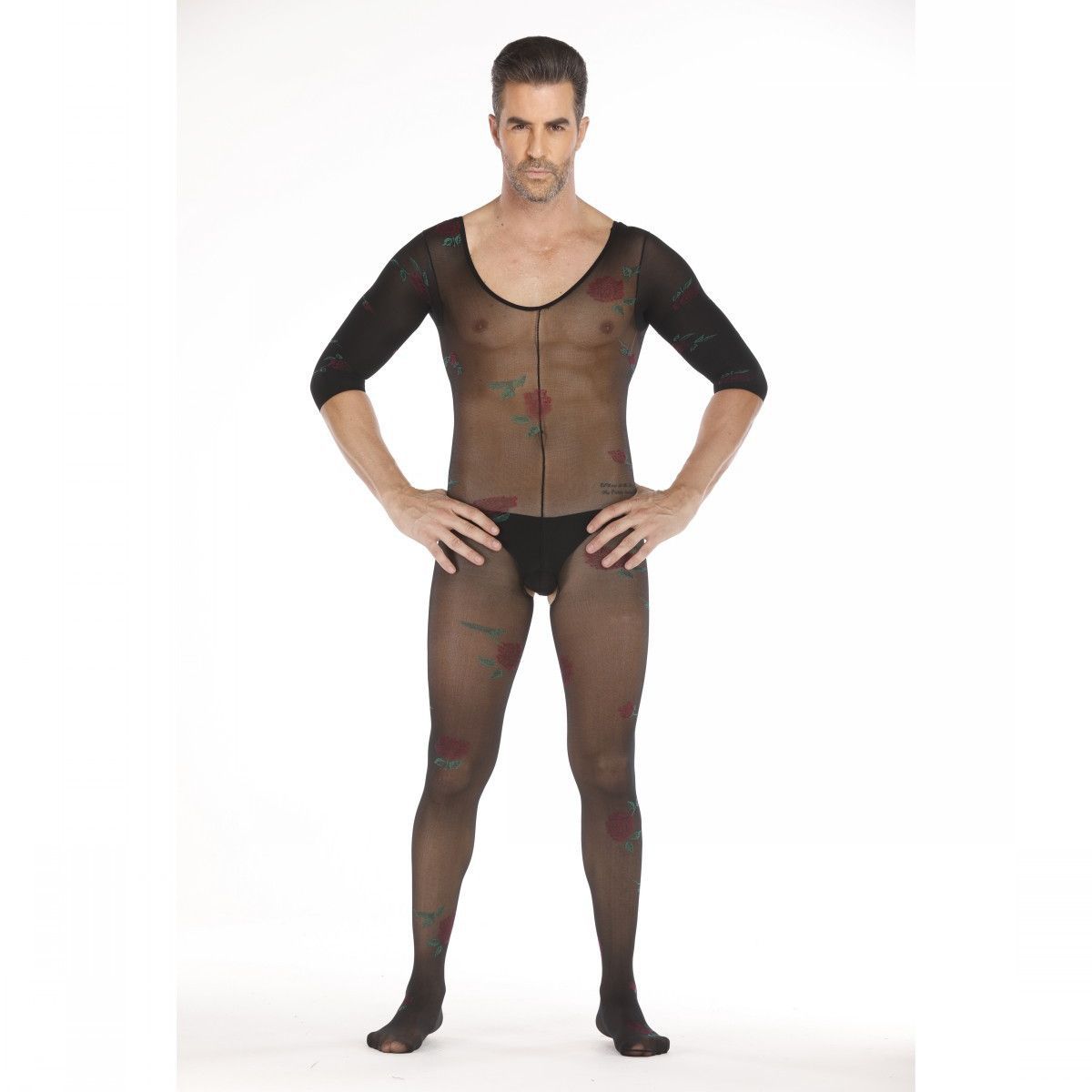 Long-Sleeve Micro-Print Open-Front Bodystocking