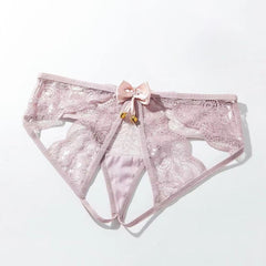 Playful Open Crotch Lace Panties with Ribbon Bow Detail