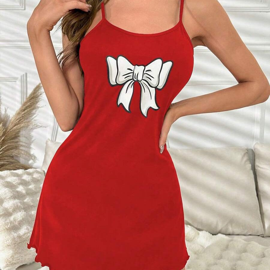 Comfortable Bow Print Card Print Sleep Dress with Ruffle Hem