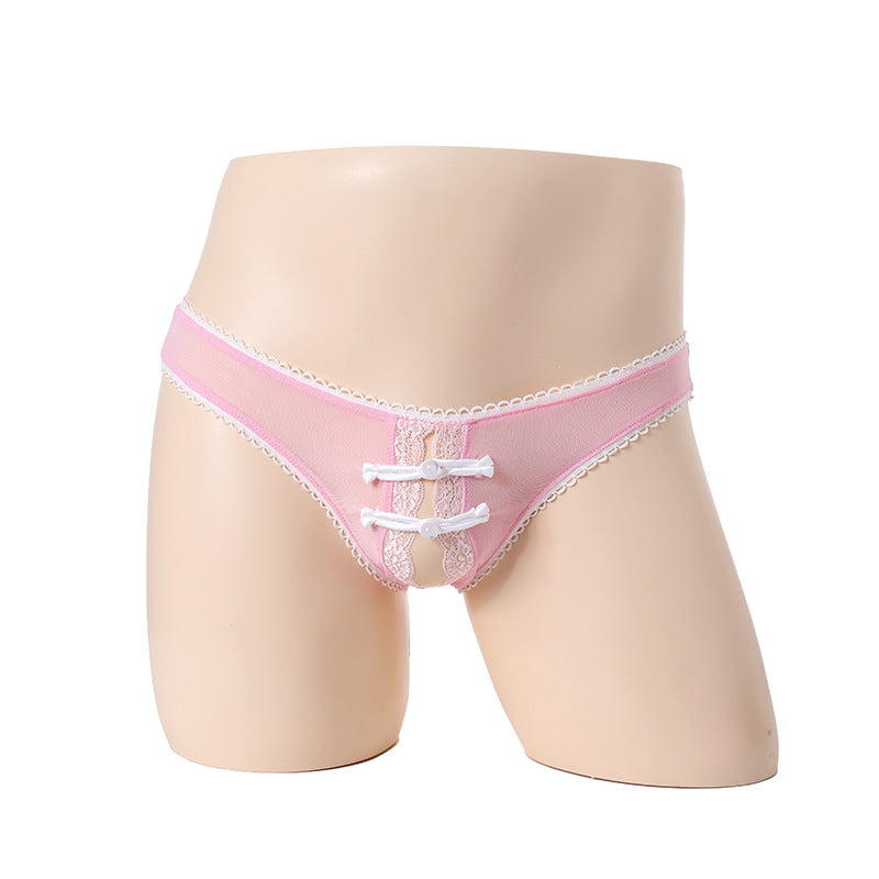 Button Lace Bow Crotchless Thong