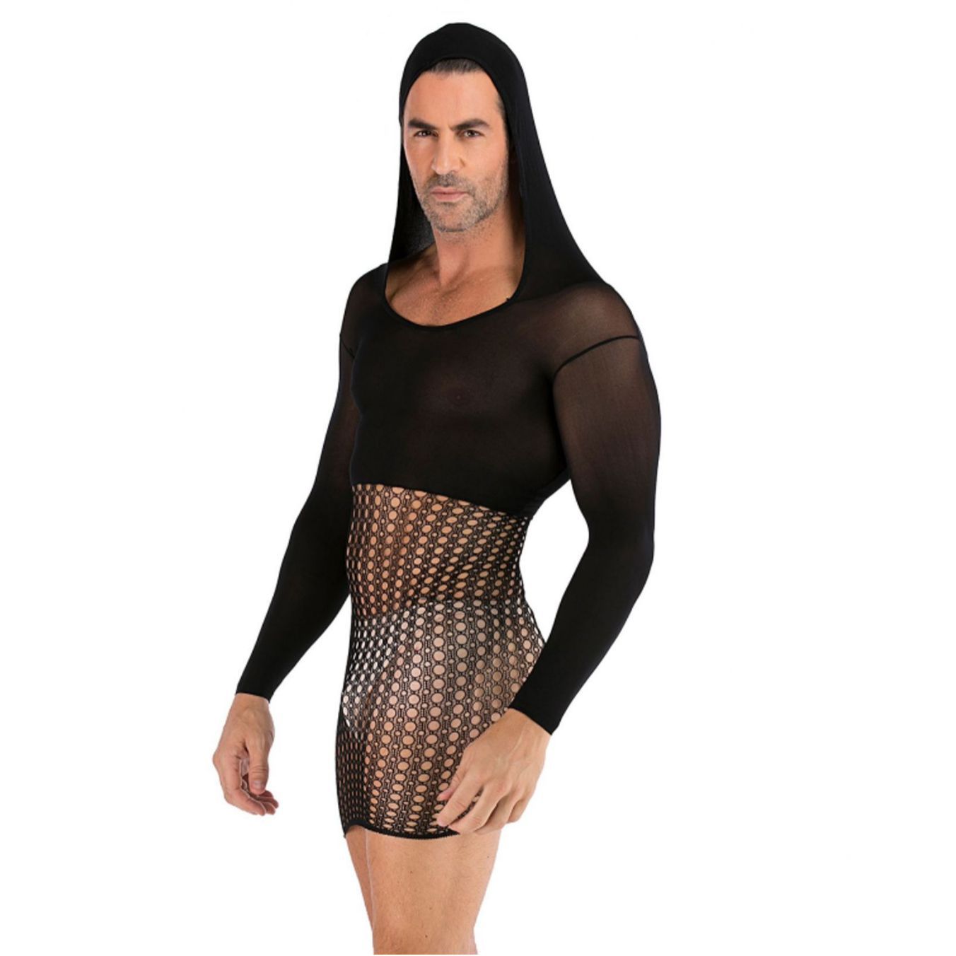 Hooded Plus-Size Hip-Wrap Mesh Tunic