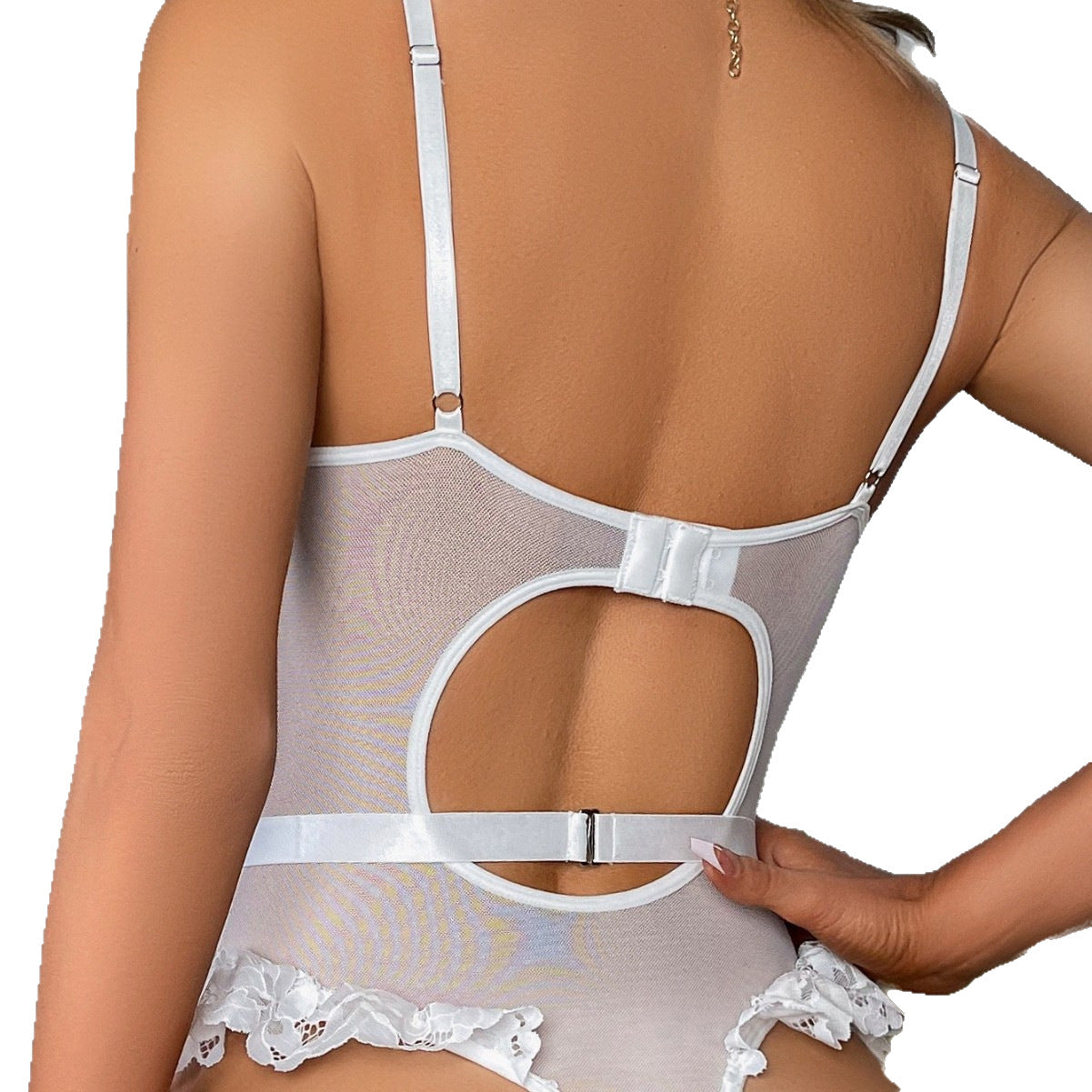 Lace Trim Corset Teddy with Garter Straps and Ruffle Sides
