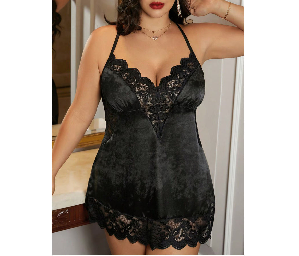 Velvet and Lace Trim Babydoll Chemise Nightie