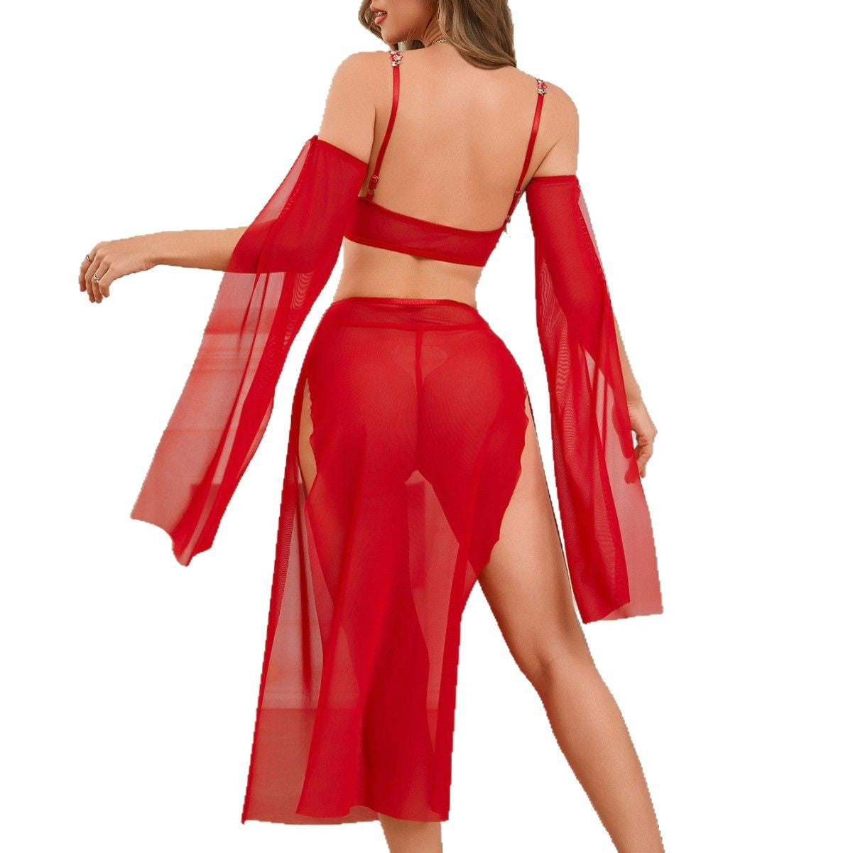 Glamorous Red Mesh Lingerie Set with Sheer Robe and Skirt