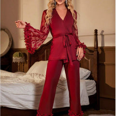 Heart Mesh Lounge Pajama Set with Sheer Sleeves and Floral Trim
