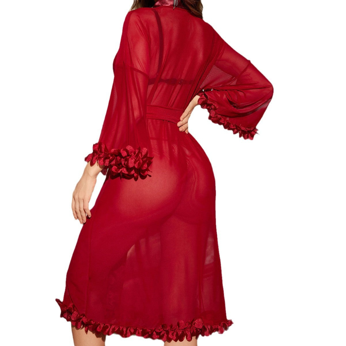 Sheer Satin-Trim Robe with Floral Cuff and Hem Detail