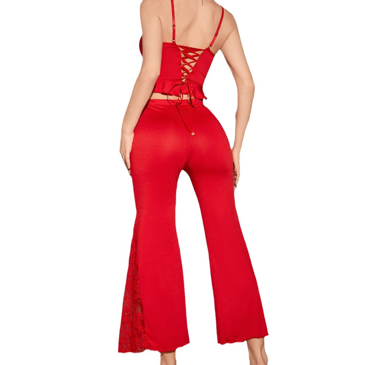 Lace Up Satin Lounge Set with Flared Pants and Crop Top