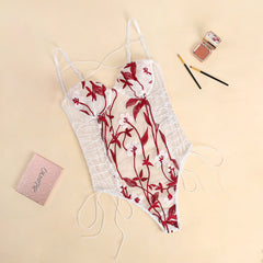 Embroidered Floral Lace Corset Teddy With Side Ties