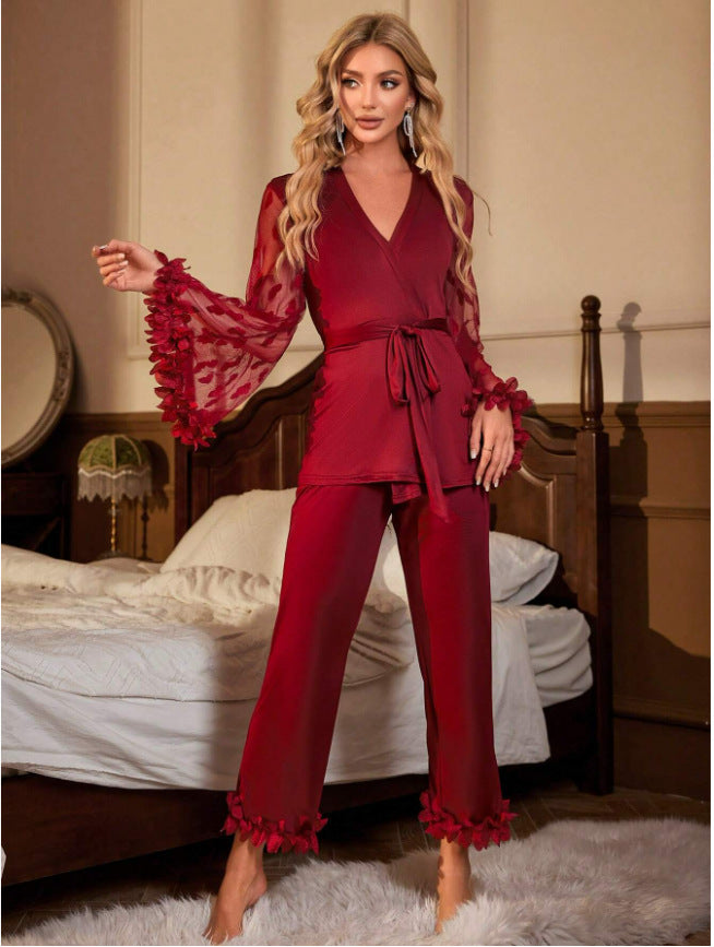 Heart Mesh Lounge Pajama Set with Sheer Sleeves and Floral Trim