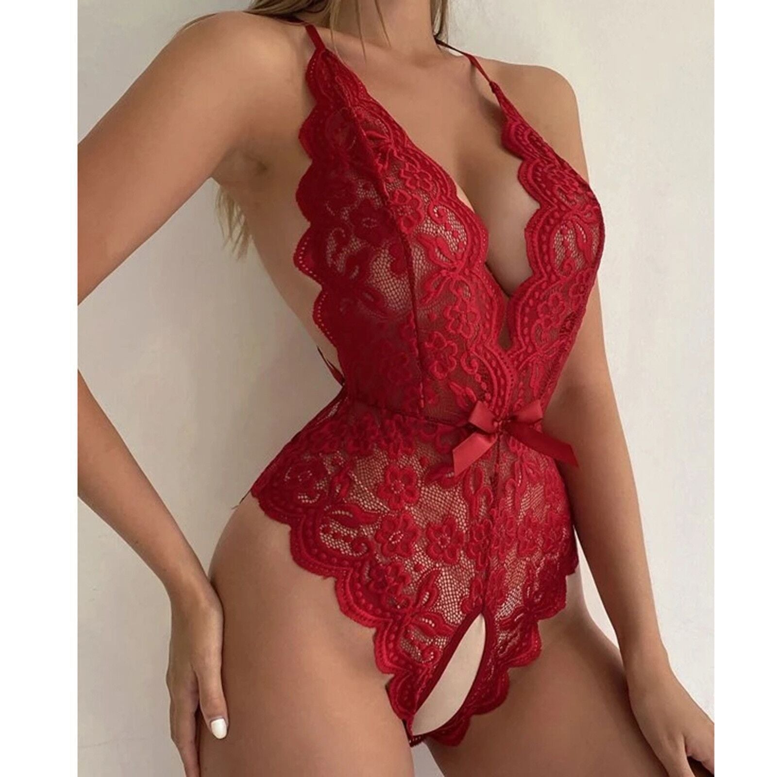 Romantic Red Lace Bodysuit with Scalloped Trim and Bows