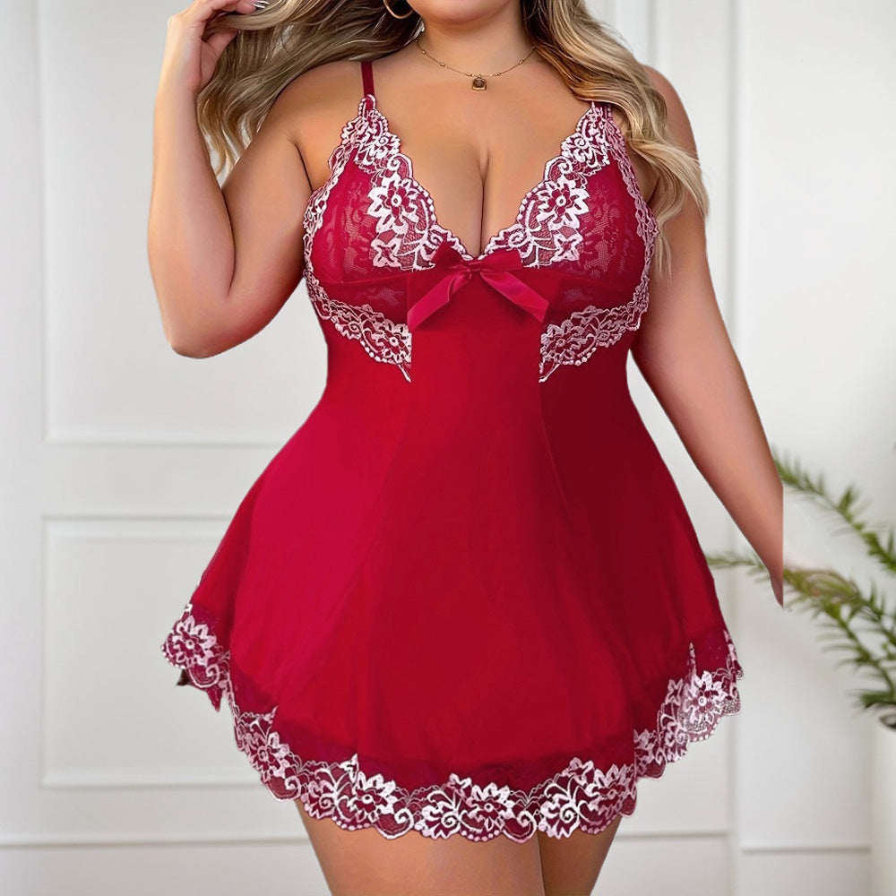 Plus Size Floral Lace Babydoll with Contrast Bow