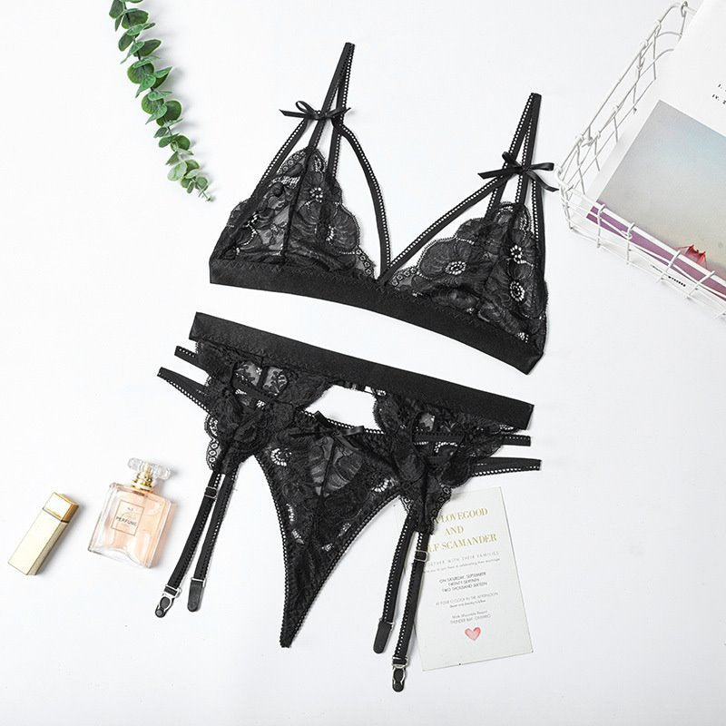 Strappy Lace Bra and Garter Belt Lingerie Set with Panty