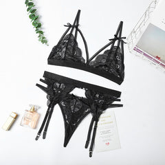 Strappy Lace Bra and Garter Belt Lingerie Set with Panty