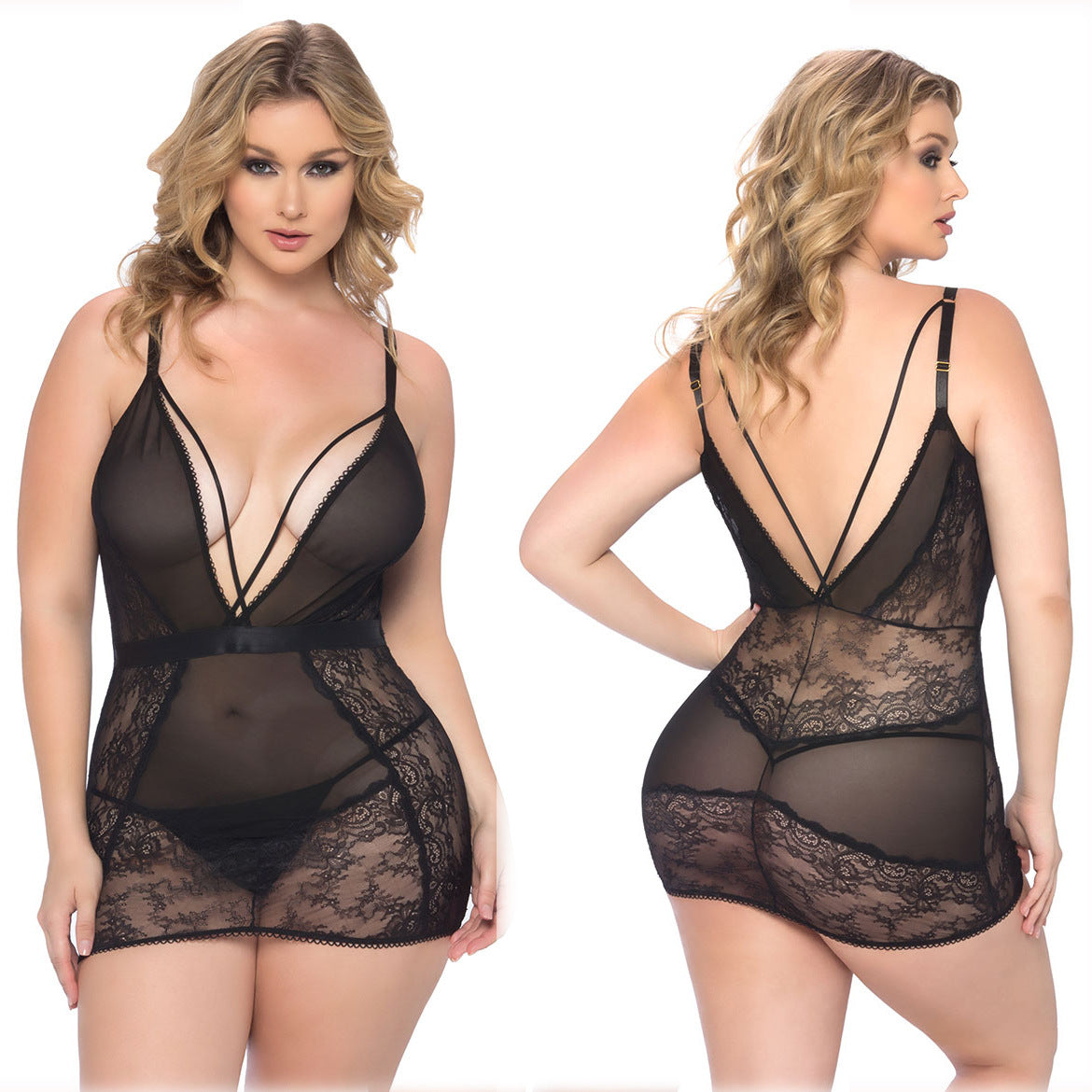 Lace Deep V-Neck Babydoll Lingerie Dress with G-String