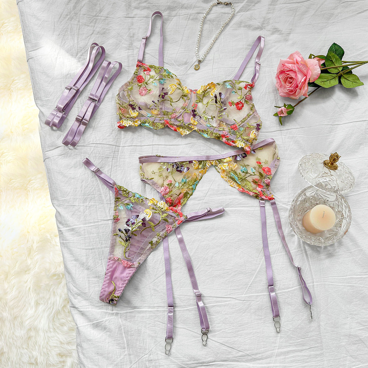 Floral Embroidery Lingerie Set with Garter Belt 3 Piece Mesh Bra and Panty
