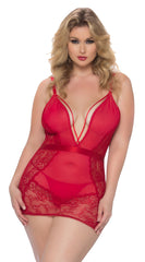 Lace Deep V-Neck Babydoll Lingerie Dress with G-String
