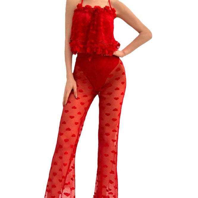 Tiered Ruffle Cami and Heart Mesh Lounge Pants Set