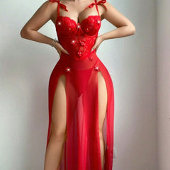 Floral Lace Corset Gown with Split Mesh Skirt and Shoulder Bows