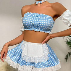 Gingham Milkmaid Inspired Lingerie Set with Apron and Arm Sleeves